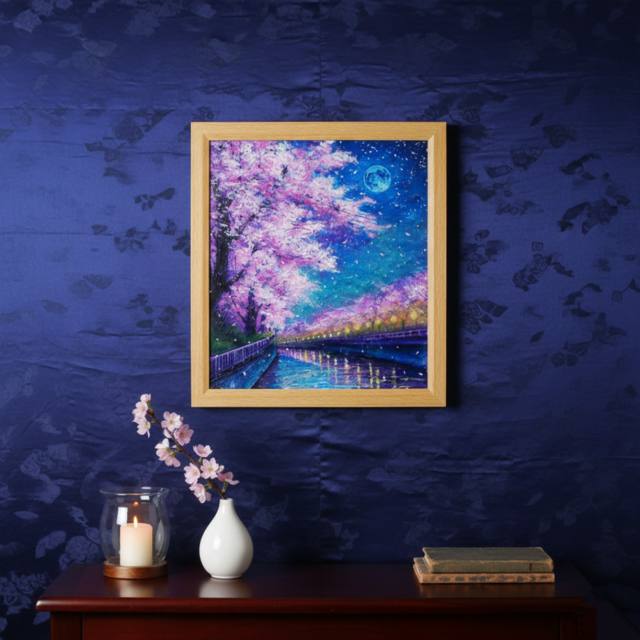 油絵【青い満月の夜桜】原画 油彩画 絵画 風景画 夜景 桜アート 春
