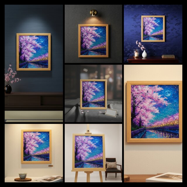 油絵【青い満月の夜桜】原画 油彩画 絵画 風景画 夜景 桜アート 春