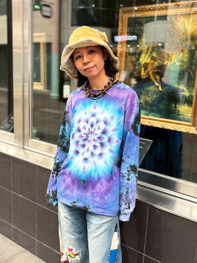 タイダイ 長袖 Tシャツ Mサイズ 曼荼羅 パープル×ブルー×ブラック HD25