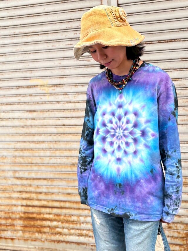 タイダイ 長袖 Tシャツ Mサイズ 曼荼羅 パープル×ブルー×ブラック HD25