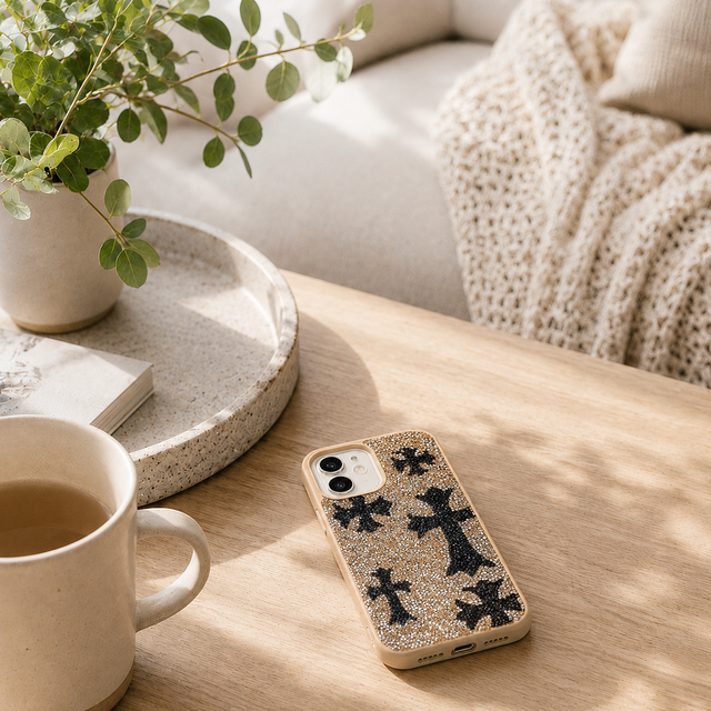 ゴシッククロス デコ電スマホケース｜iPhone17/16対応 ラインストーン