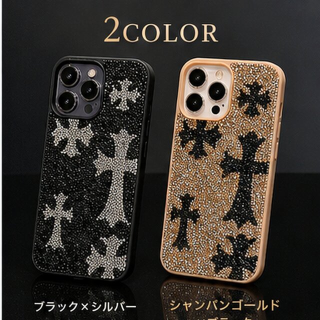 iPhone 17/16対応 クロスビジューケース｜全面ラインストーン 黒