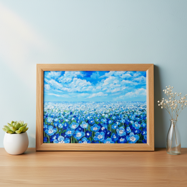 油絵 原画『空と雲のネモフィラ』風景画 花の絵 青空 青い花 一点物