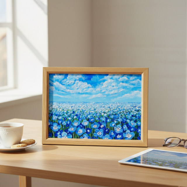 絵画　油絵　原画　一点物　花　ポップ　ブルー　　アート　インテリア　SM 油絵 原画『空と雲のネモフィラ』風景画 花の絵 青空 青い花 一点物