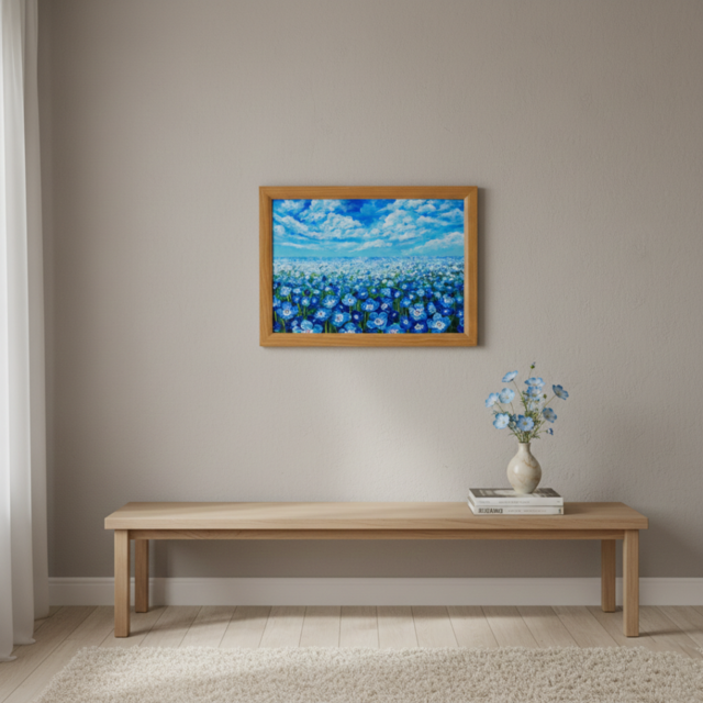 油絵 原画『空と雲のネモフィラ』風景画 花の絵 青空 青い花 一点物
