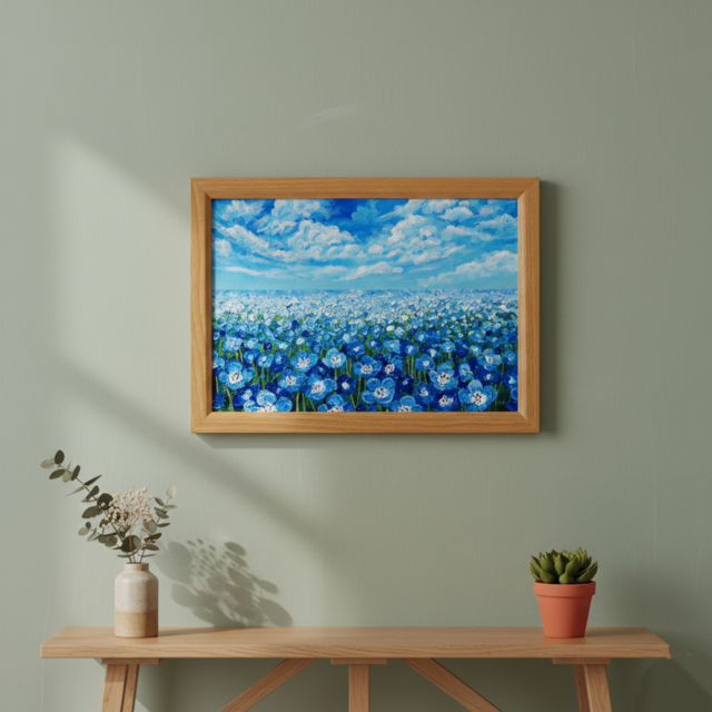 油絵 原画『空と雲のネモフィラ』風景画 花の絵 青空 青い花 一点物