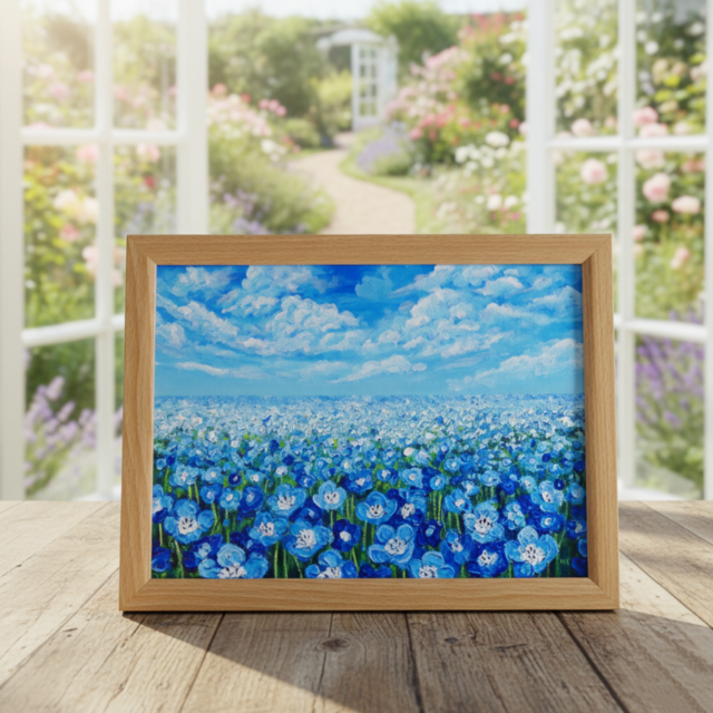 絵画　油絵　原画　一点物　花　ポップ　ブルー　　アート　インテリア　SM 油絵 原画『空と雲のネモフィラ』風景画 花の絵 青空 青い花 一点物