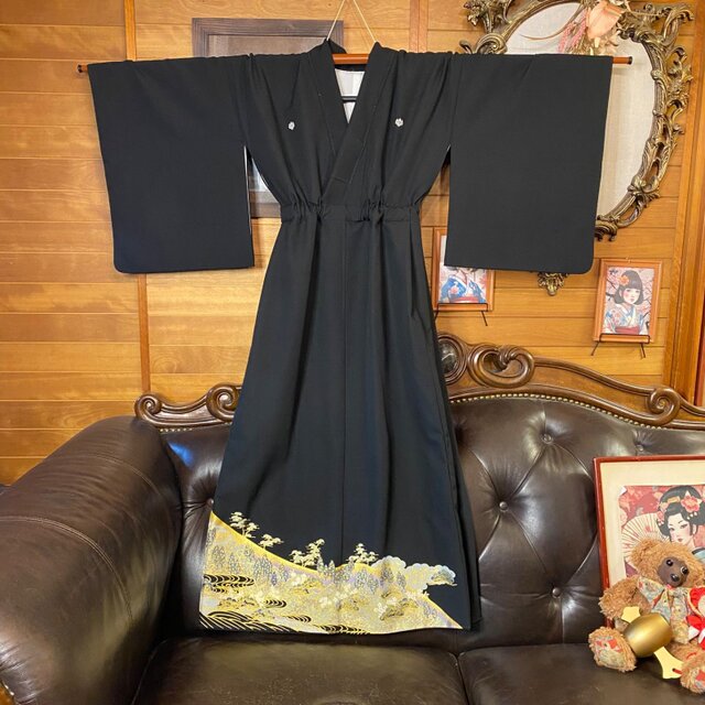 黒留袖 着物 リメイク ロングワンピース ドレス 和洋折衷 洗える 化繊