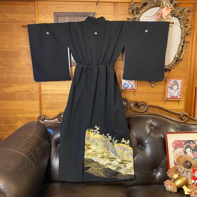黒留袖 着物 リメイク ロングワンピース ドレス 和洋折衷 洗える 化繊