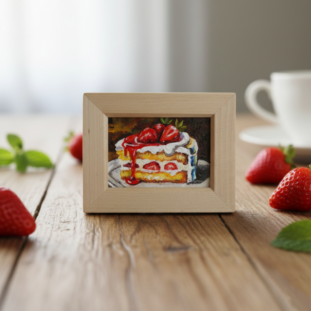 油絵 ミニ絵画額付き【ショートケーキ】手のひらサイズ 原画 油彩画
