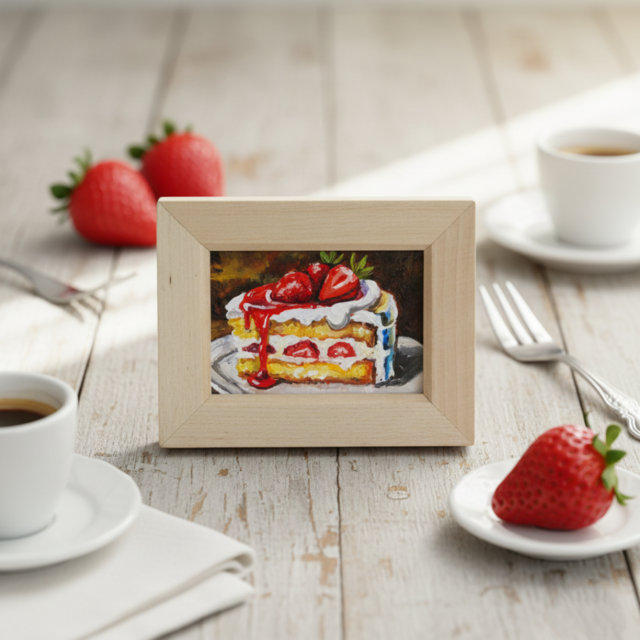 油絵 ミニ絵画額付き【ショートケーキ】手のひらサイズ 原画 油彩画