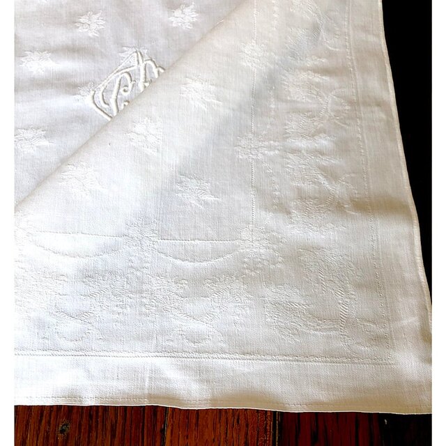 テーブルナプキン フレンチリネン ダマスクス織 モノグラム刺繍