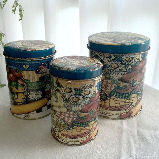 TIN缶 アップルパイ ピクニック模様 入れ子缶筒_ 3個セット 14OTc3