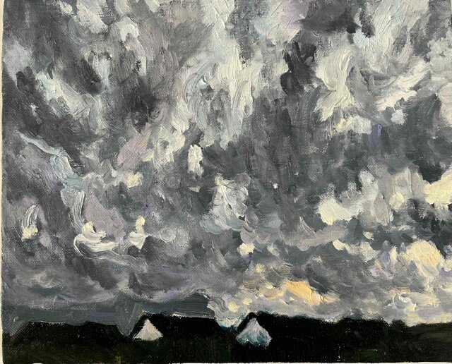 油彩画 原画「近所の風景 空 20262」アート 絵画 22×27㎝ F3