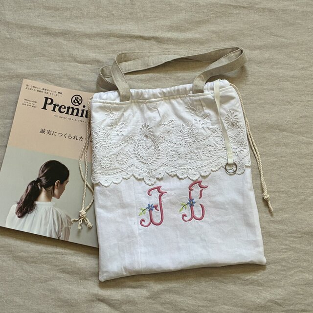 antiquelinen*whitework*レア手刺繍*巾着型トートバッグ