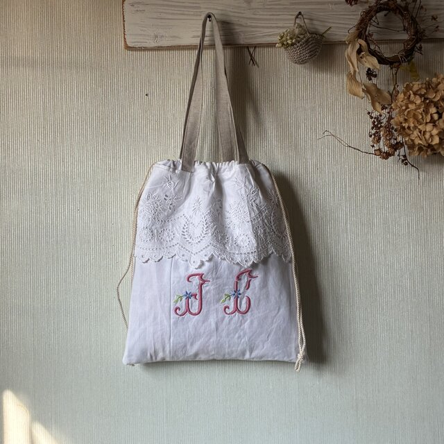 antiquelinen*whitework*レア手刺繍*巾着型トートバッグ