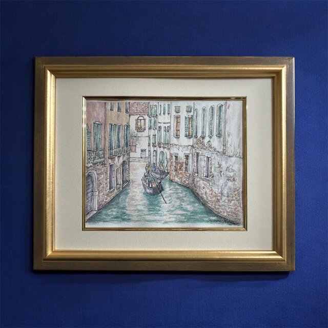 美術品・アンティーク・コレクション 運河の風景 水彩画 額装済み