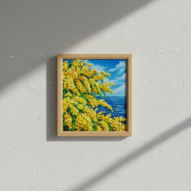 一点物】油彩画「ミモザの海」光り輝く海とミモザの共演 | iichi 日々