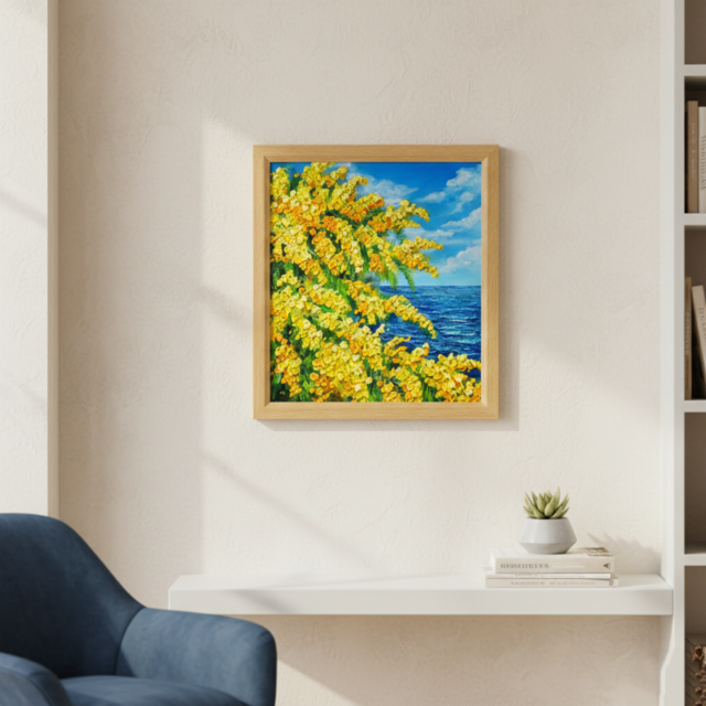 一点物】油彩画「ミモザの海」光り輝く海とミモザの共演 | iichi 日々