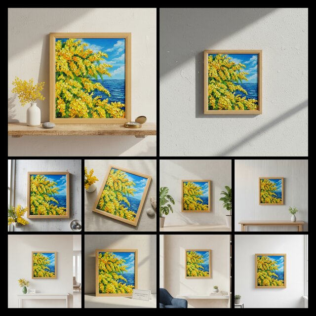 一点物】油彩画「ミモザの海」光り輝く海とミモザの共演 | iichi 日々