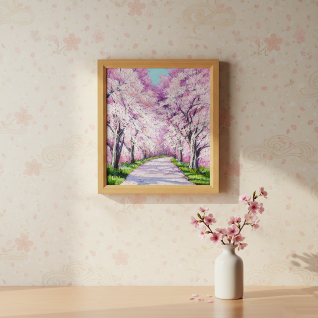 満開の桜のトンネル 油絵【原画】 一点物 春 桜並木 油彩画 絵画