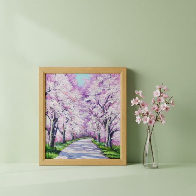 満開の桜のトンネル 油絵【原画】 一点物 春 桜並木 油彩画 絵画