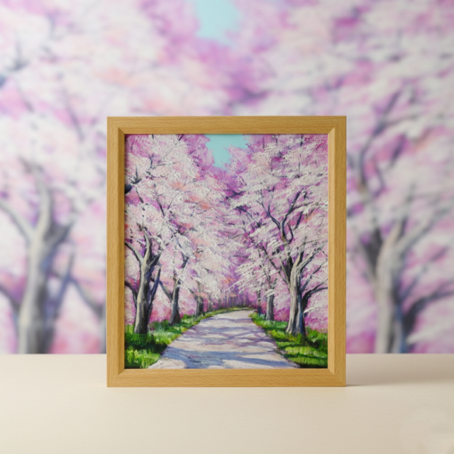 満開の桜のトンネル 油絵【原画】 一点物 春 桜並木 油彩画 絵画