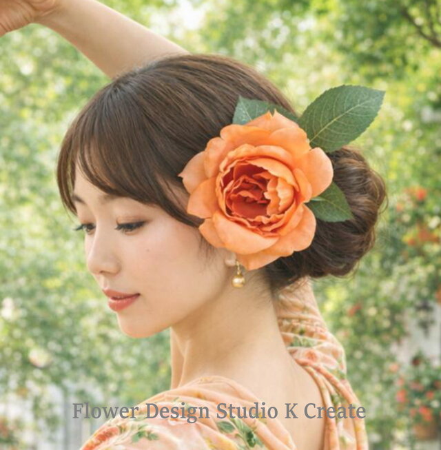 オレンジの薔薇と葉っぱの髪飾り 花径12cm フラメンコ フローレス
