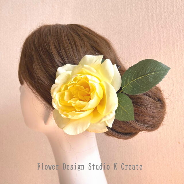 黄色い薔薇と葉っぱの髪飾り 花径12cm フラメンコ フローレス ダンス