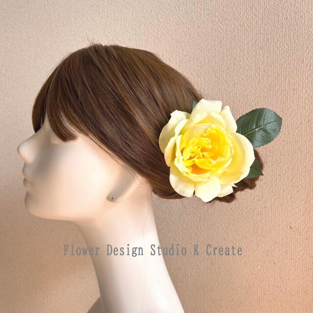 黄色い薔薇と葉っぱの髪飾り 花径12cm フラメンコ フローレス ダンス