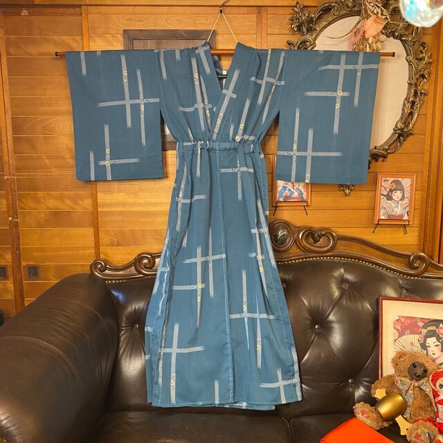 夏着物リメイク ロングワンピース／ドレス／洗える化繊 帯サッシュ