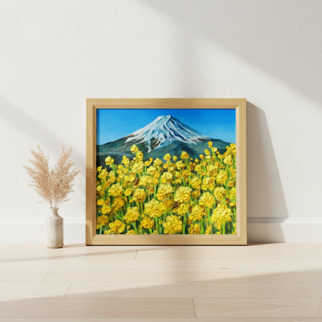 玄関やリビングに彩りを。油彩画【富士を望む花園】花の絵 富士山