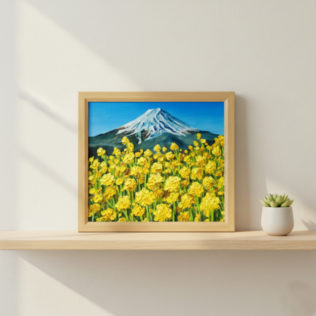 玄関やリビングに彩りを。油彩画【富士を望む花園】花の絵 富士山