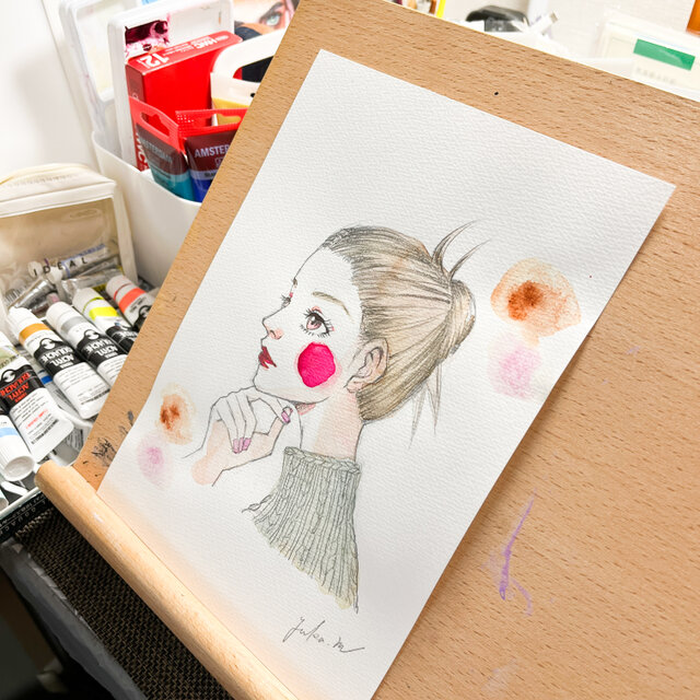 考えている横顔の女性 透明水彩 B5 原画 | iichi 日々の暮らしを