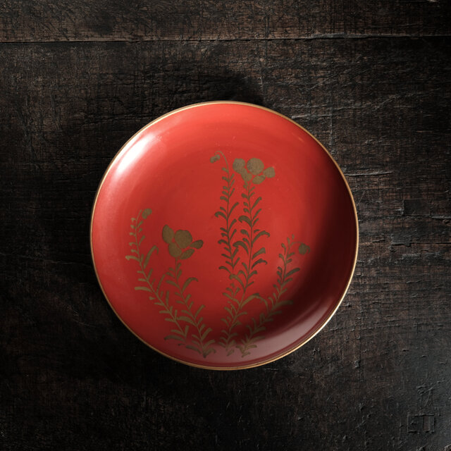 赤に金の草花◇時代物 漆芸漆金縁中皿 骨董・antiques 暮らしに