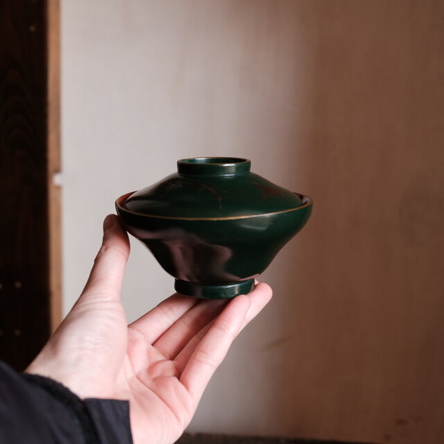 梅と鳥◇深緑で素敵。時代物 漆芸蒔絵蓋付椀 古漆器 骨董・antiques