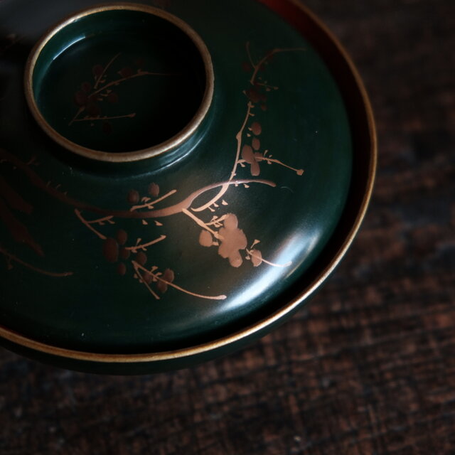 梅と鳥◇深緑で素敵。時代物 漆芸蒔絵蓋付椀 古漆器 骨董・antiques