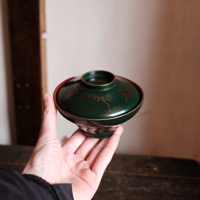 梅と鳥◇深緑で素敵。時代物 漆芸蒔絵蓋付椀 古漆器 骨董・antiques