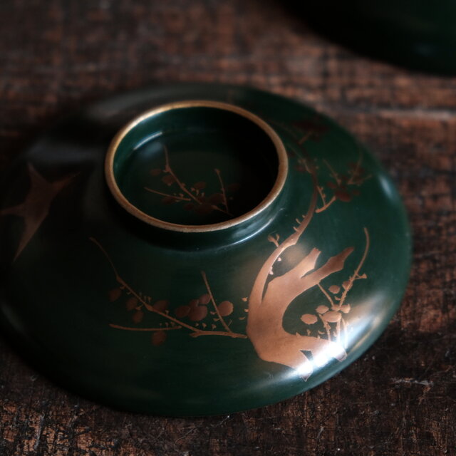 梅と鳥◇深緑で素敵。時代物 漆芸蒔絵蓋付椀 古漆器 骨董・antiques