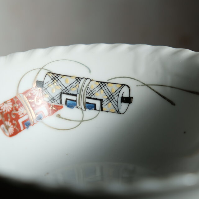 巻物の絵◇時代物 色絵金彩波縁碗 骨董/antiques 古道具 古民家 昭和初