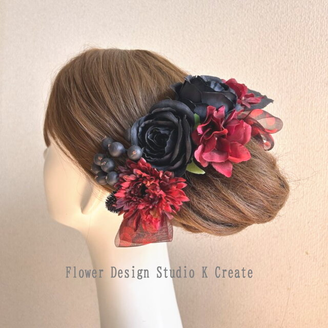 黒い薔薇とドットリボンのヘッドドレス 髪飾り 赤 黒 黒い薔薇 ドット