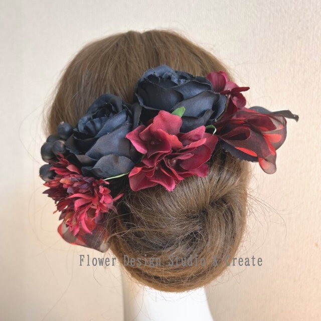 黒い薔薇とドットリボンのヘッドドレス 髪飾り 赤 黒 黒い薔薇 ドット