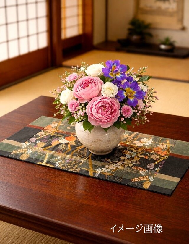 16)2439】約31×61cm/流水花草文様/テーブルセンター/和風/帯リメイク