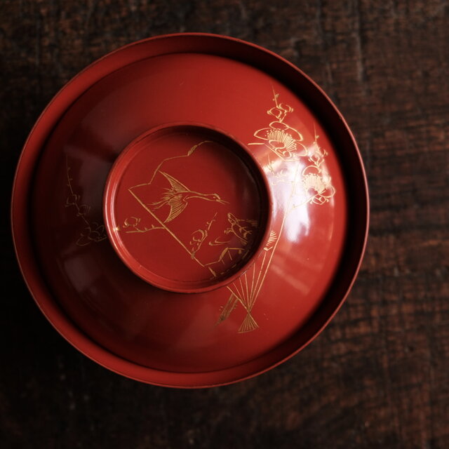 亀と鶴◇扇子と梅。古輪島塗 漆芸沈金蓋付椀 古漆器 古民家 骨董