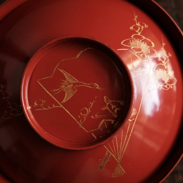 亀と鶴◇扇子と梅。古輪島塗 漆芸沈金蓋付椀 古漆器 古民家 骨董