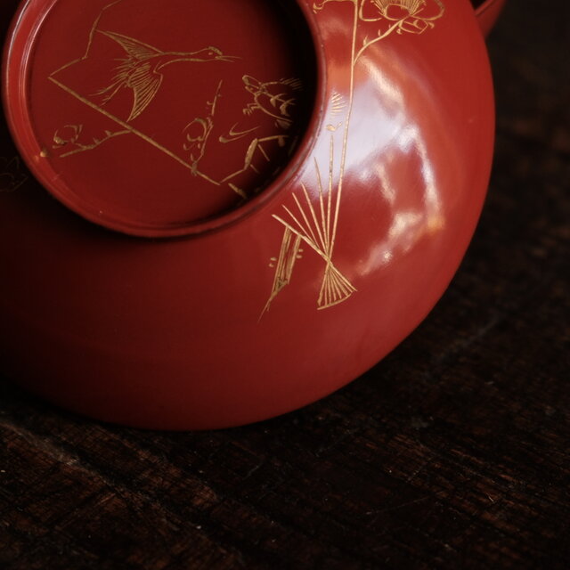 亀と鶴◇扇子と梅。古輪島塗 漆芸沈金蓋付椀 古漆器 古民家 骨董