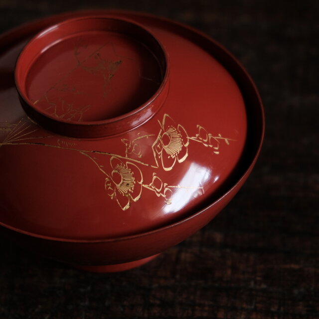 亀と鶴◇扇子と梅。古輪島塗 漆芸沈金蓋付椀 古漆器 古民家 骨董