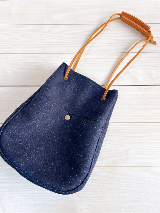 星降る岡山デニム 栃木レザー 2way しずく型 巾着 ショルダーバッグ