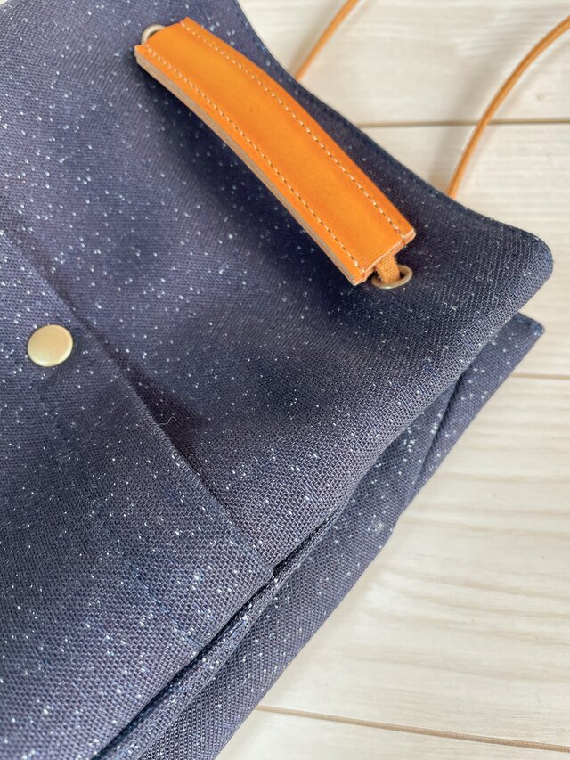 ネップ岡山デニム 栃木レザー 2way しずく型 巾着 ショルダーバッグ