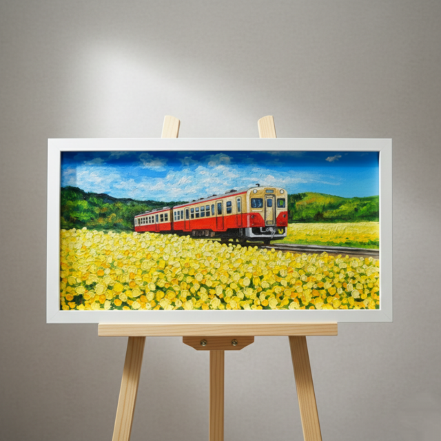 油彩画「石神の菜の花畑とキハ200形」－小湊鐵道の春の情景－ | iichi